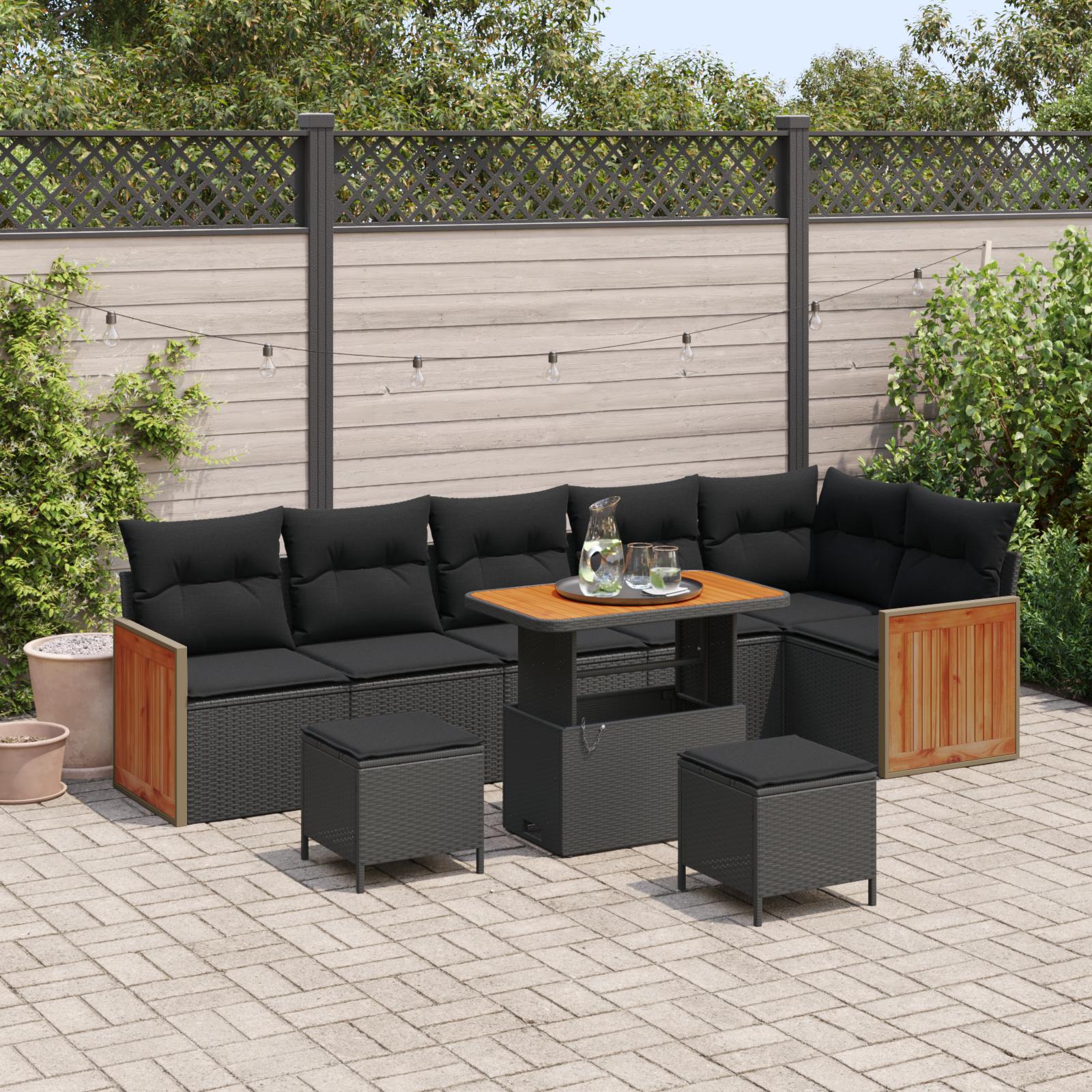Havesofa Sæt 9 stk Sort Polyrattan og pulverlakeret stål