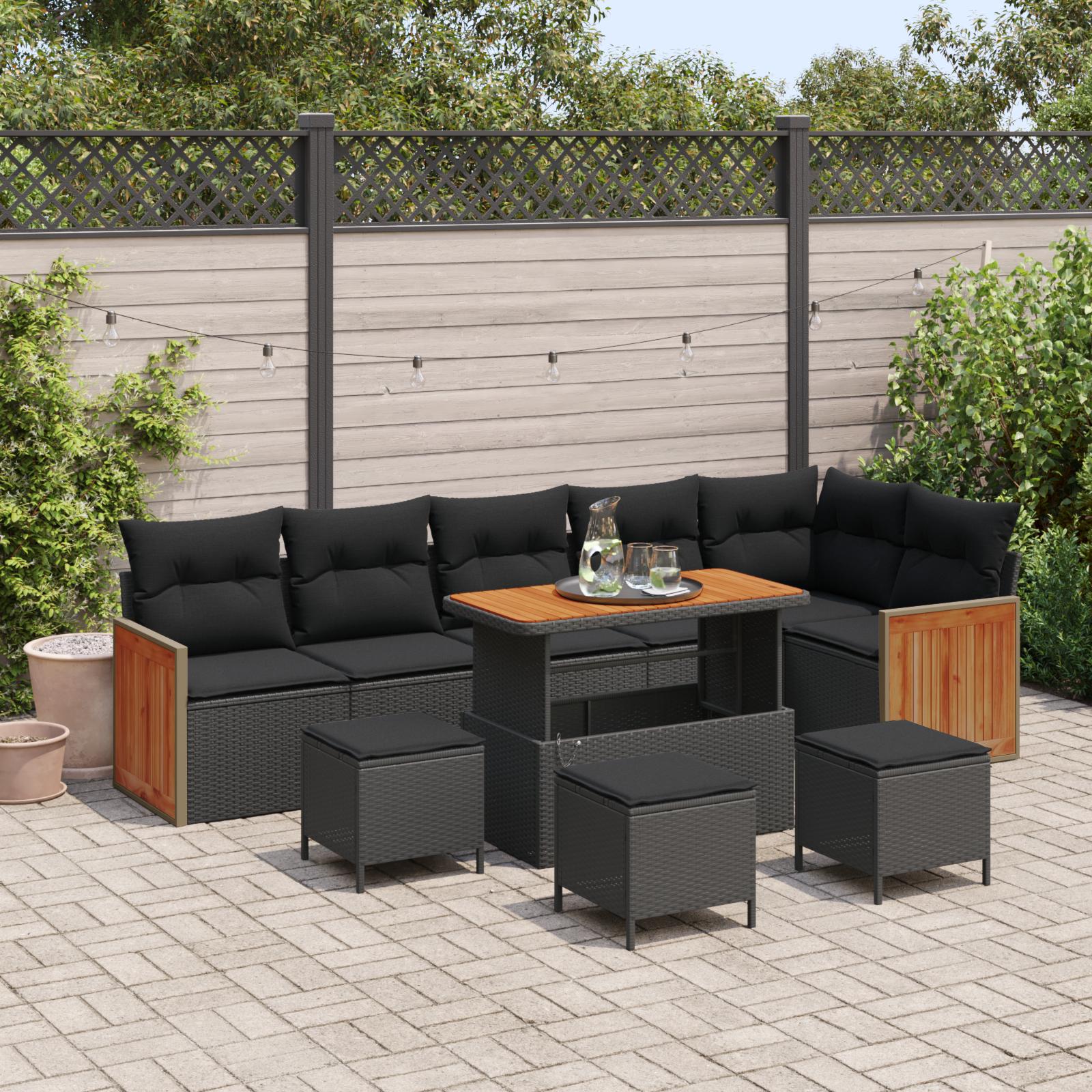 Havesofa Sæt 10 stk Sort Polyrattan og pulverlakeret stål