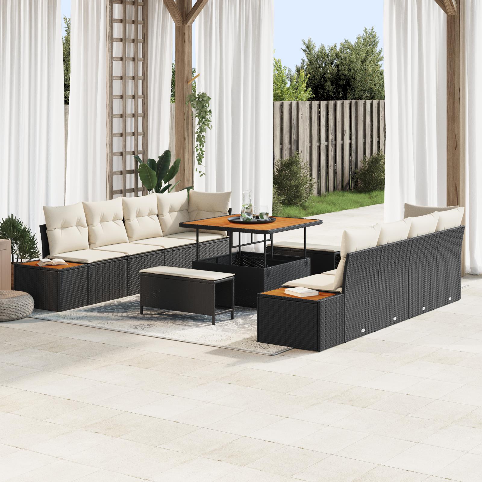 Havesofa Sæt med pude 11 stk Sort og Cream 100 x 100 x 71 cm
