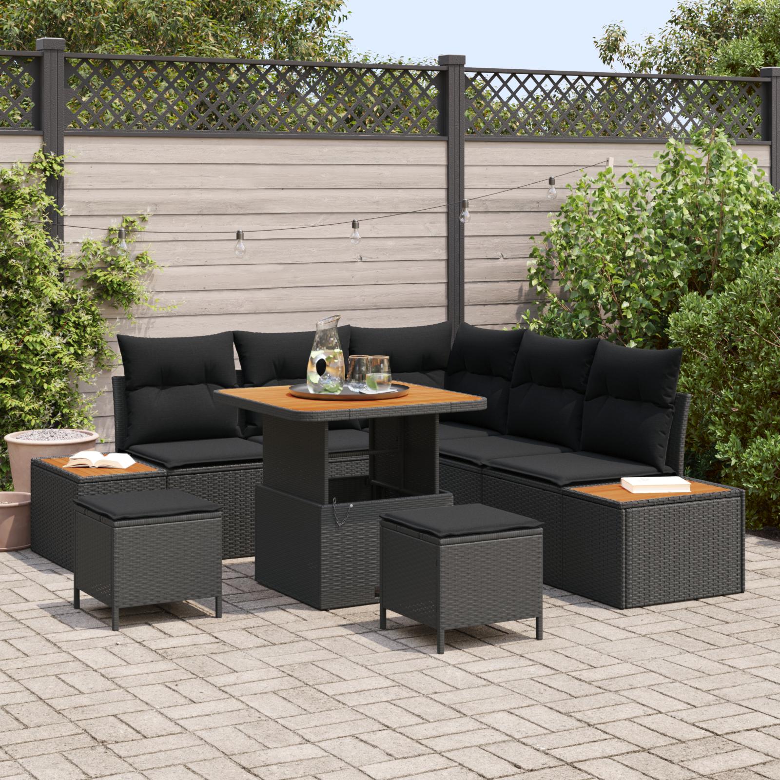Havesofa Sæt med pude med opbevaring 8 stk Sort Poly rattan