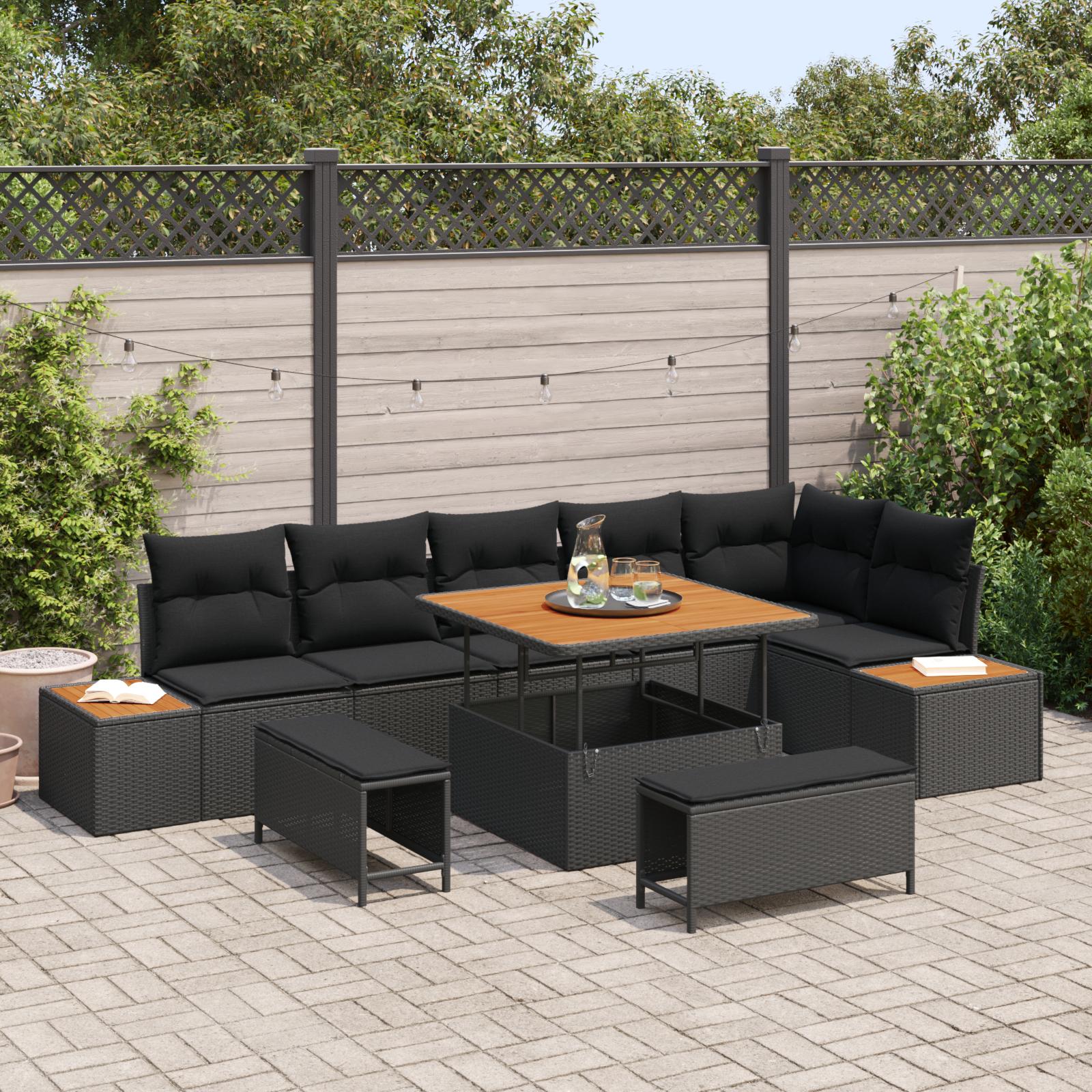 Havesofa Sæt med pude med opbevaring 9 stk Sort Poly rattan