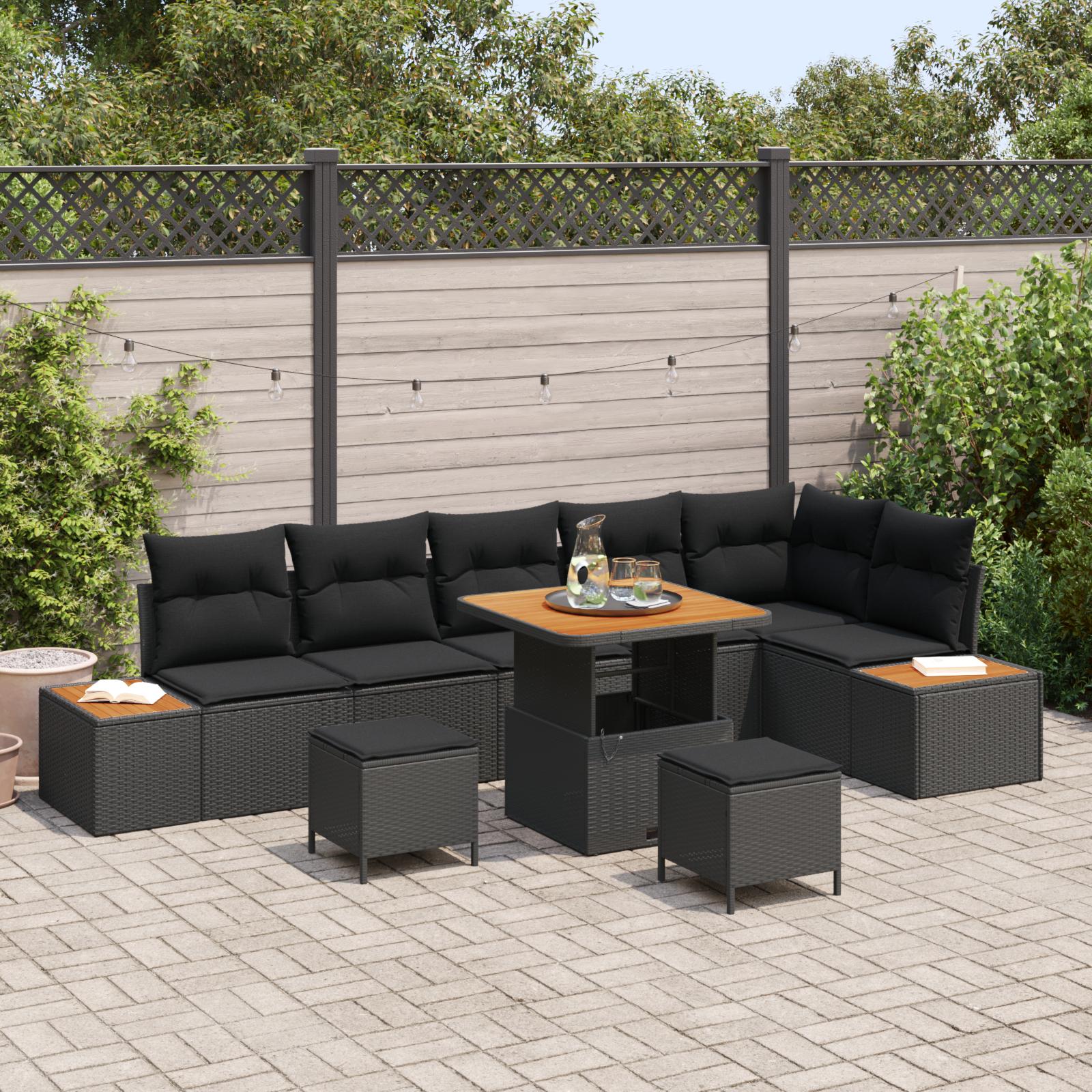 Havesofa Sæt med pude med opbevaring 9 stk Sort Poly rattan
