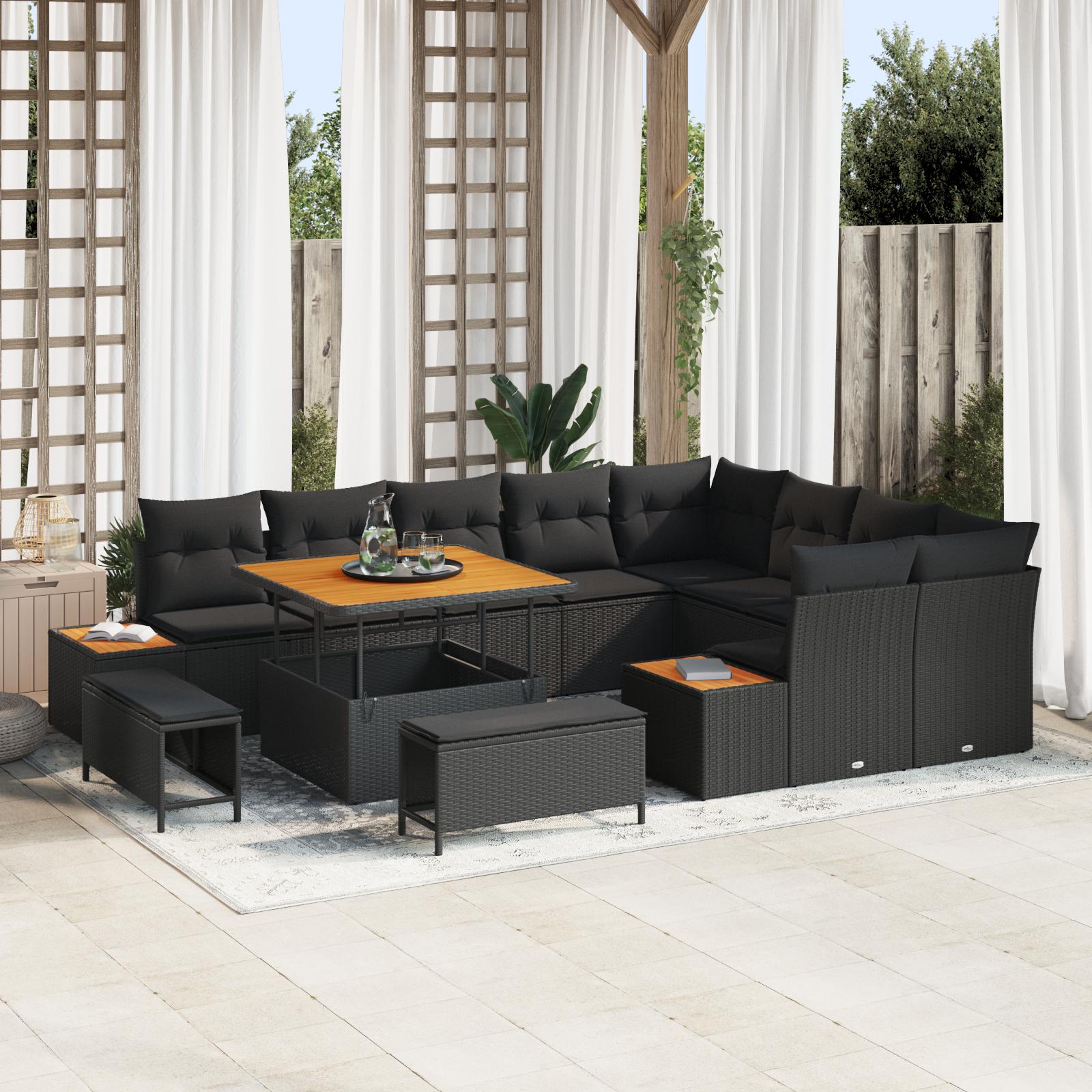Havesofa Sæt med pude med opbevaring 12 pcs Sort Poly rattan