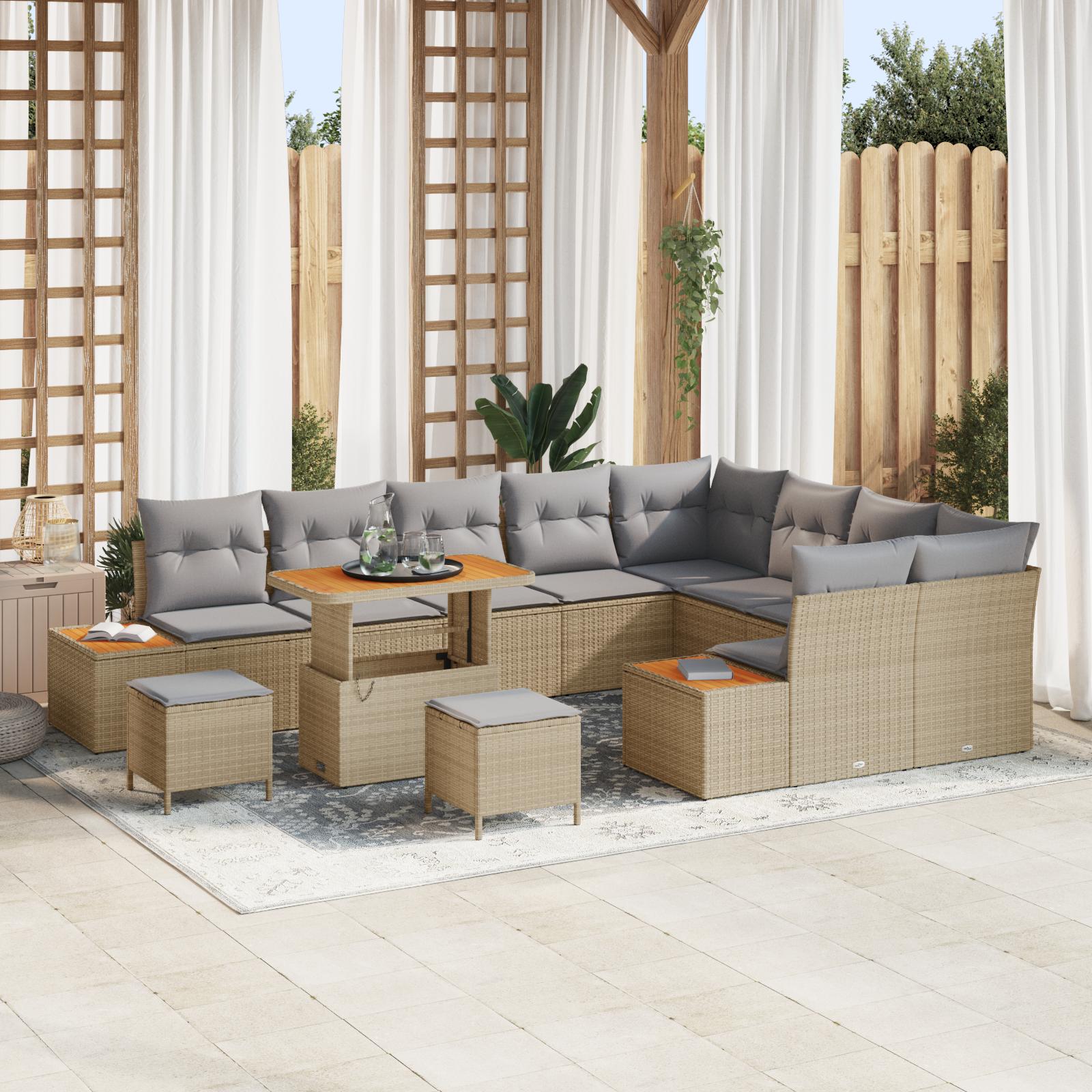 Havesofa sæt med puder og opbevaring - 12 dele, beige poly rattan