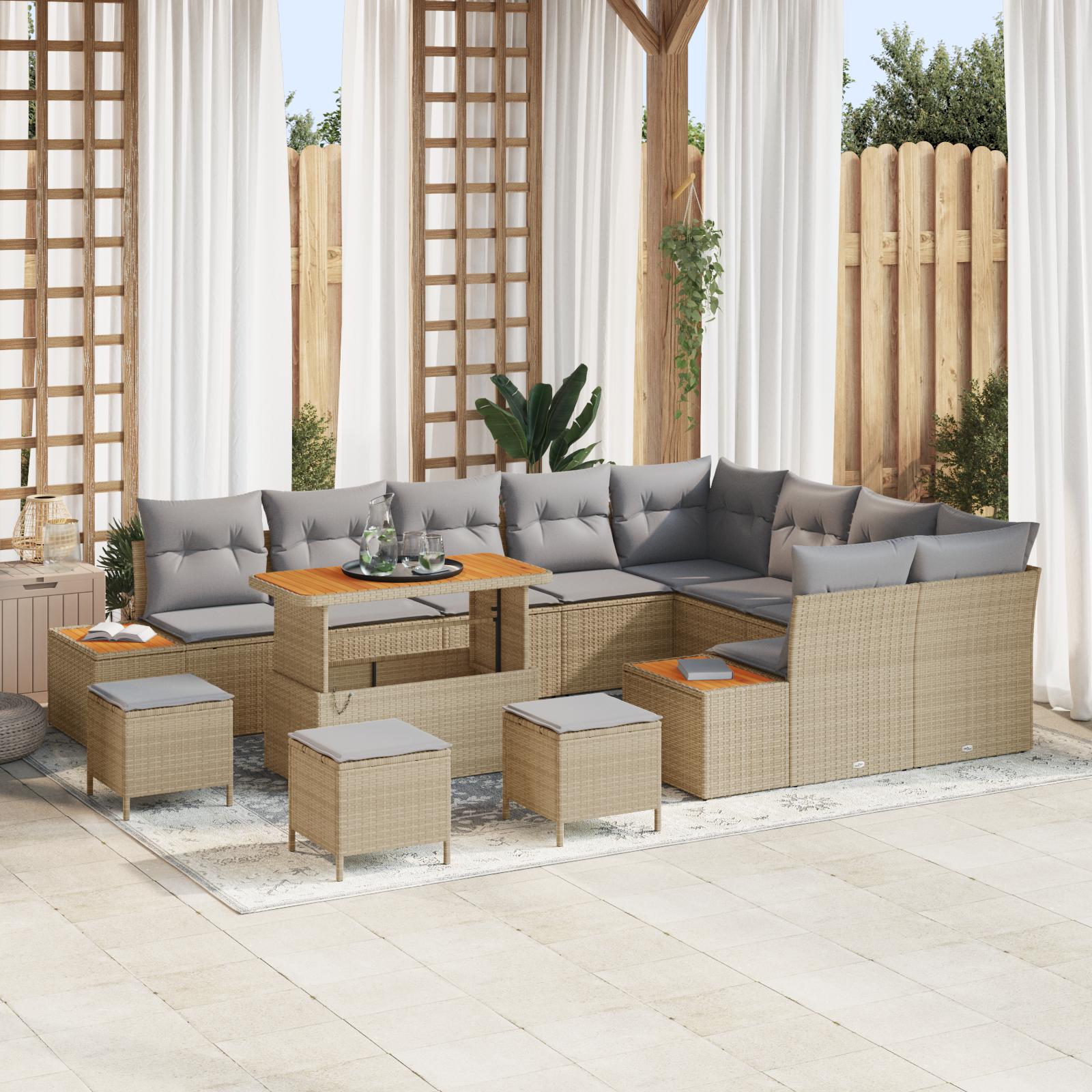 Havesofa Sæt med pude med opbevaring 13 stk Beige Poly rattan