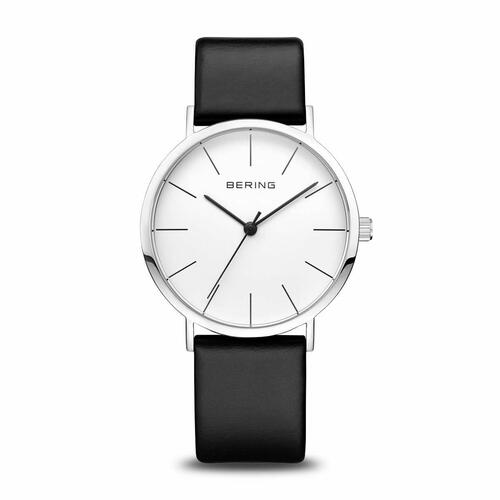 Bering dameur 13436-404 - hvid skive, sort læder (Ø 36 mm)