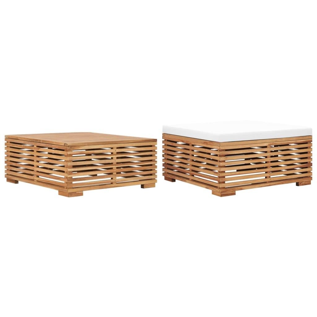 Havebord og fodskammel i massivt teaktræ med cremefarvet hynde 70 x 70 cm