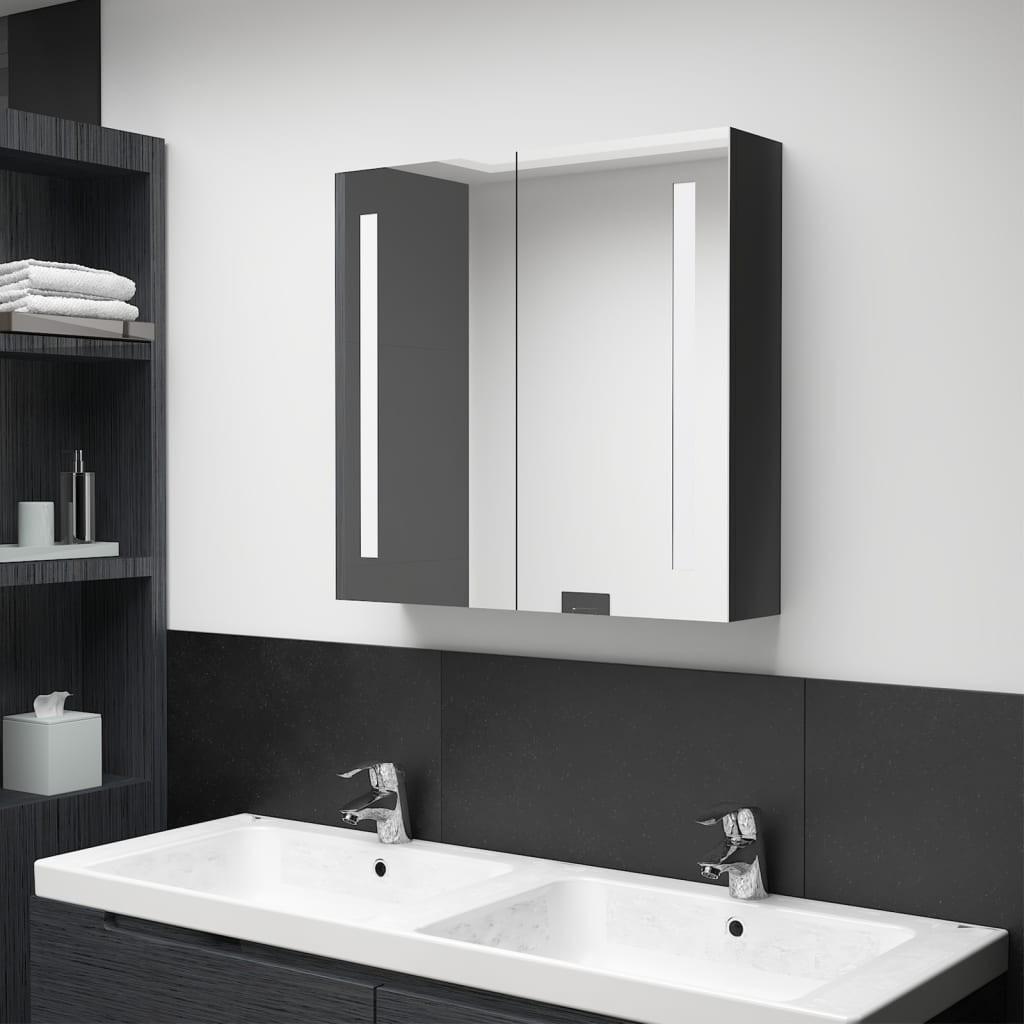 Badeværelsesskab med spejl + LED-lys 62x14x60 cm skinnende sort