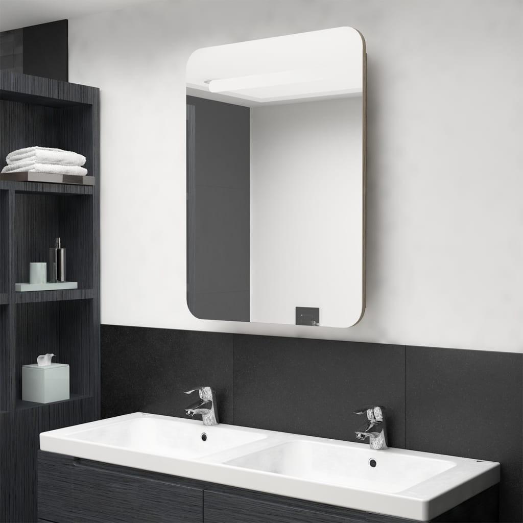 Badeværelsesskab med spejl + LED-lys 60x11x80 cm egetræsfarvet