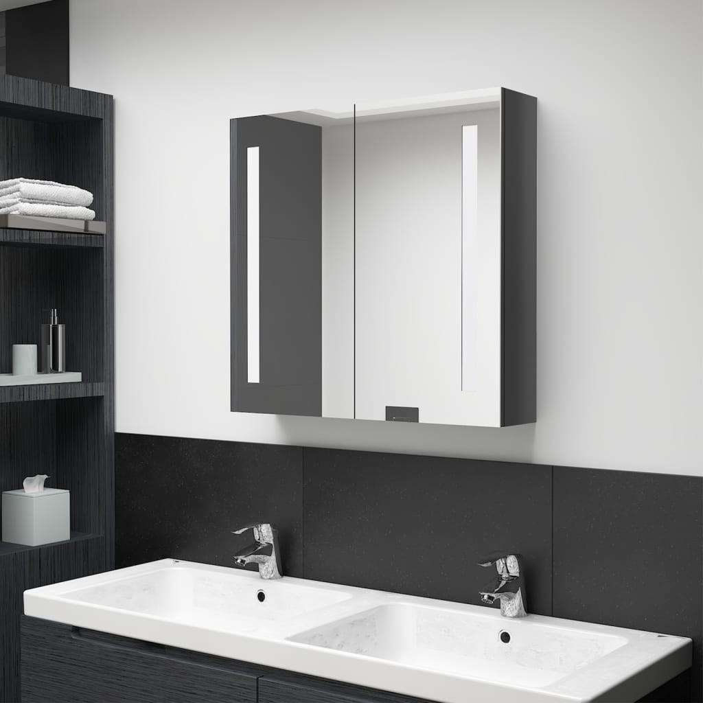 Badeværelsesskab med spejl + LED-lys 62x14x60 cm skinnende grå