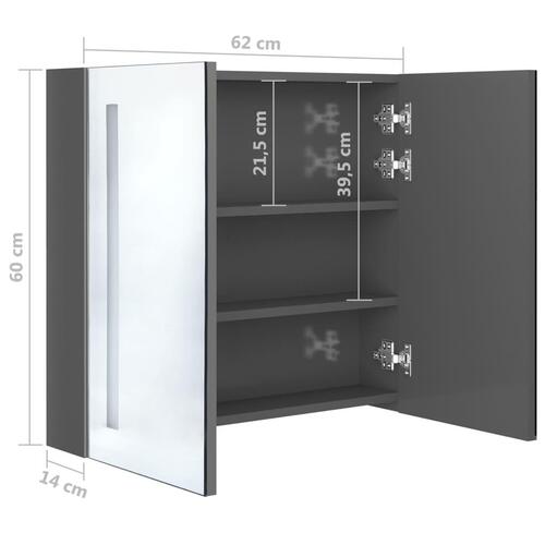 Badeværelsesskab med spejl + LED-lys 62x14x60 cm skinnende grå