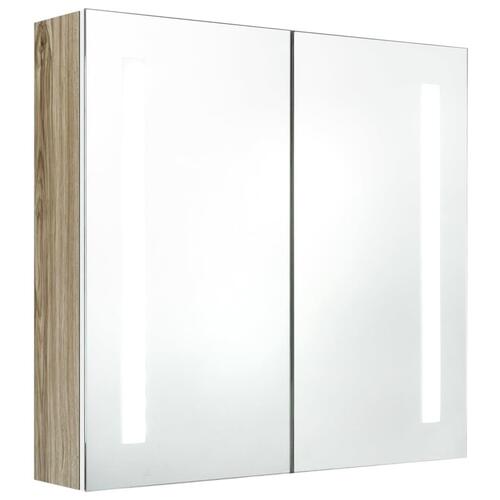 Badeværelsesskab med spejl + LED-lys 62x14x60 cm hvid og egetræ