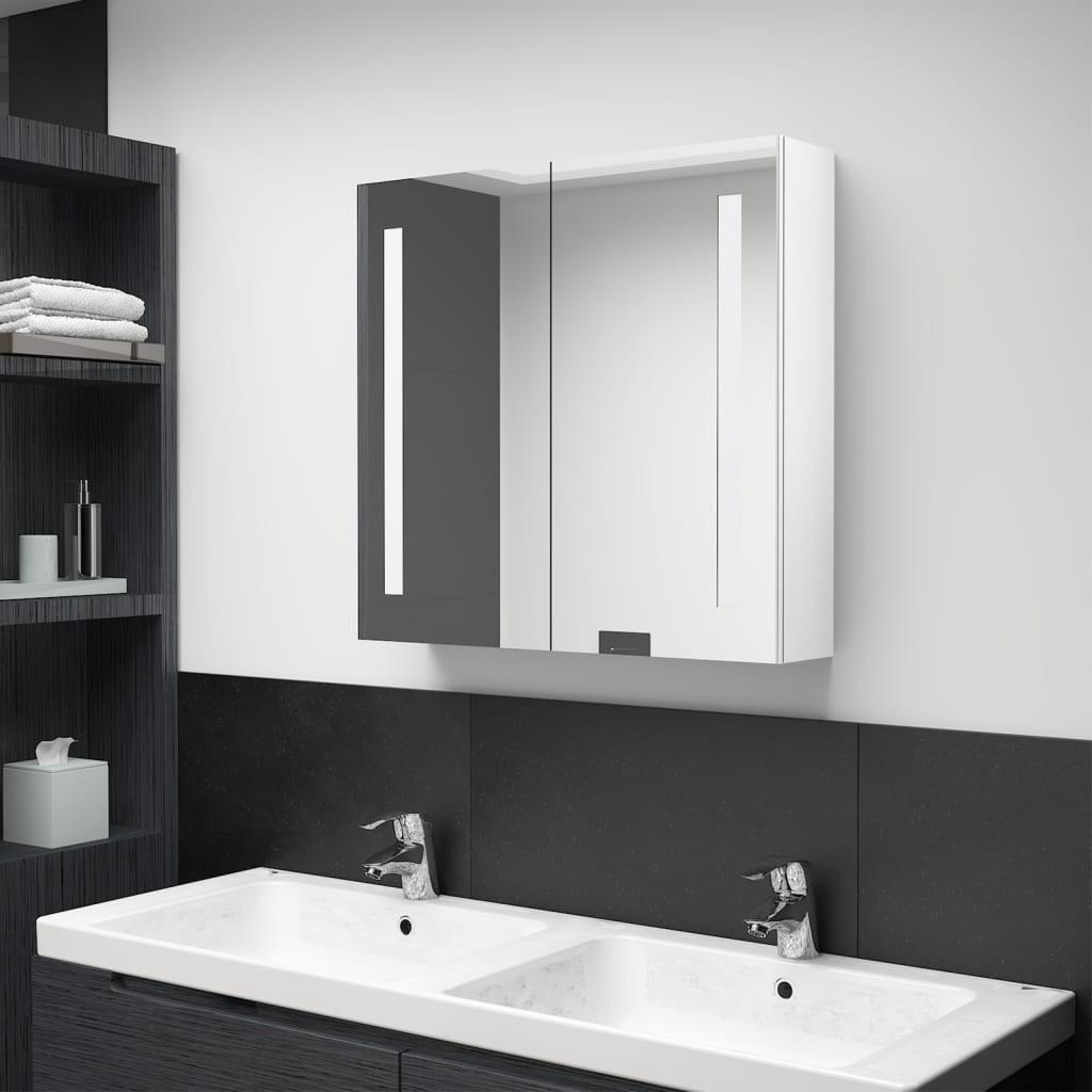 Badeværelsesskab med spejl + LED-lys 62x14x60 cm skinnende hvid