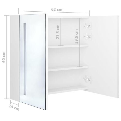 Badeværelsesskab med spejl + LED-lys 62x14x60 cm skinnende hvid