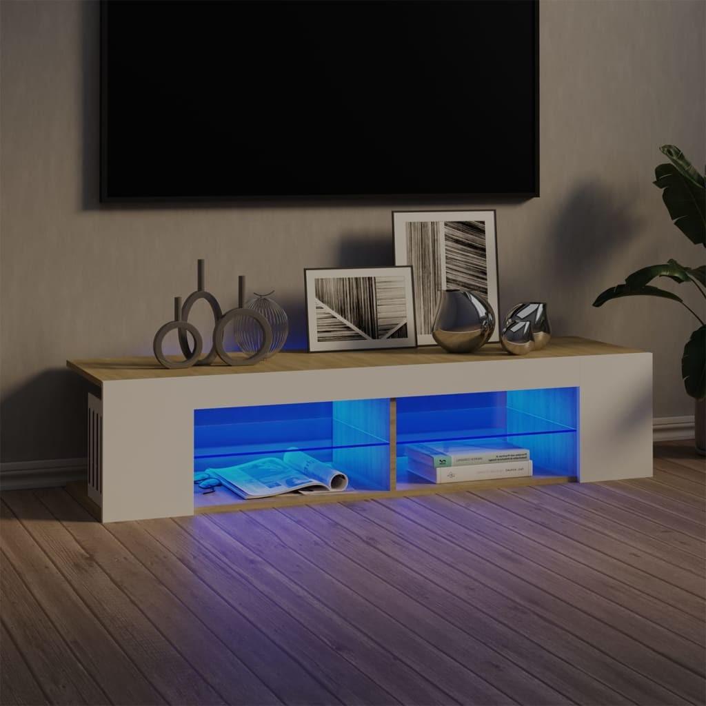 Tv-bord med LED-lys 135x39x30 cm hvid og sonoma-eg