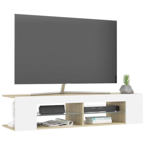 Tv-bord med LED-lys 135x39x30 cm hvid og sonoma-eg