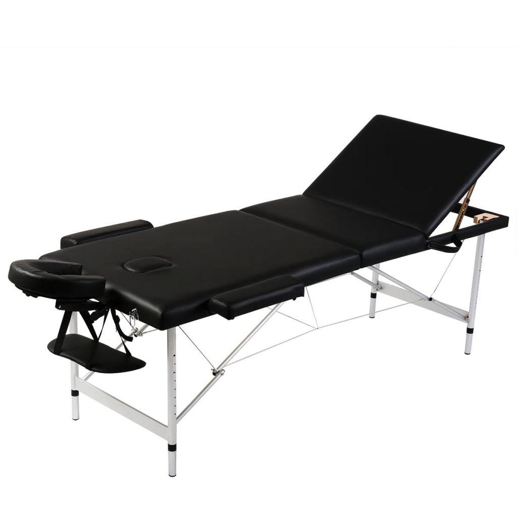 Sort sammenfoldeligt massagebord, 3 zoner med aluminiumsramme