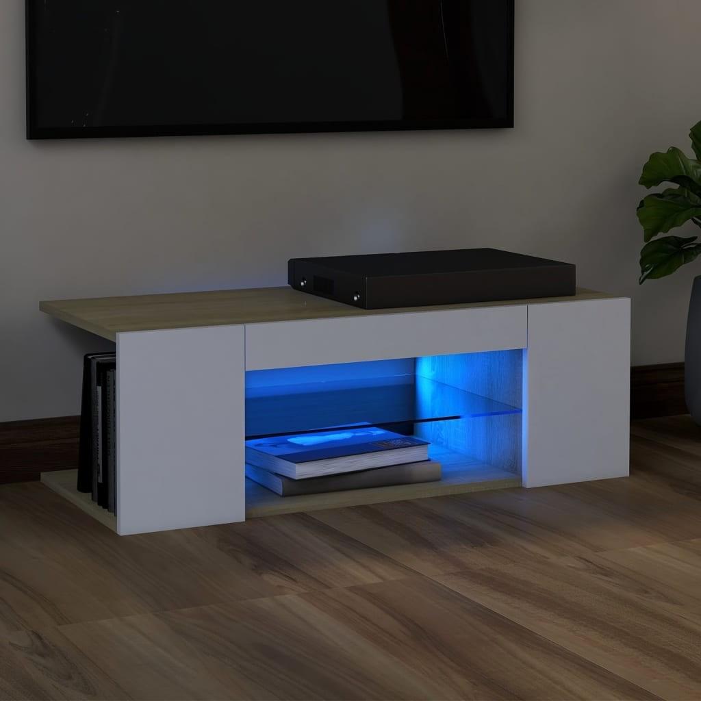 Tv-bord med LED-lys 90x39x30 cm cm hvid og sonoma-eg