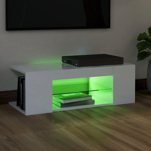 Tv-bord med LED-lys - 90 × 39 × 30 cm, hvid højglans
