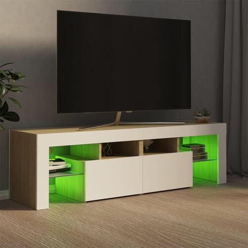 Tv-bord med LED-lys 140x36,5x40 cm hvid og sonoma-eg