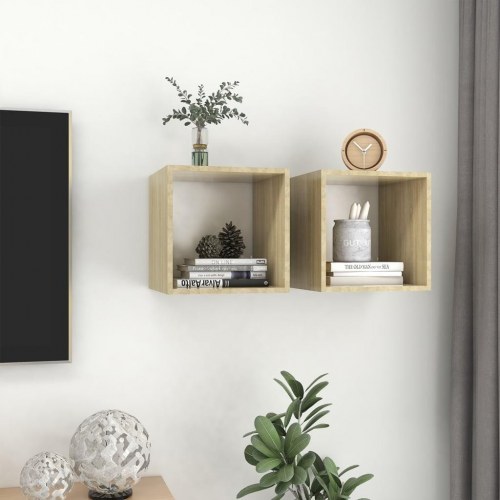 Vægskab 2 stk. 37x37x37 cm konstrueret træ hvid og sonoma-eg