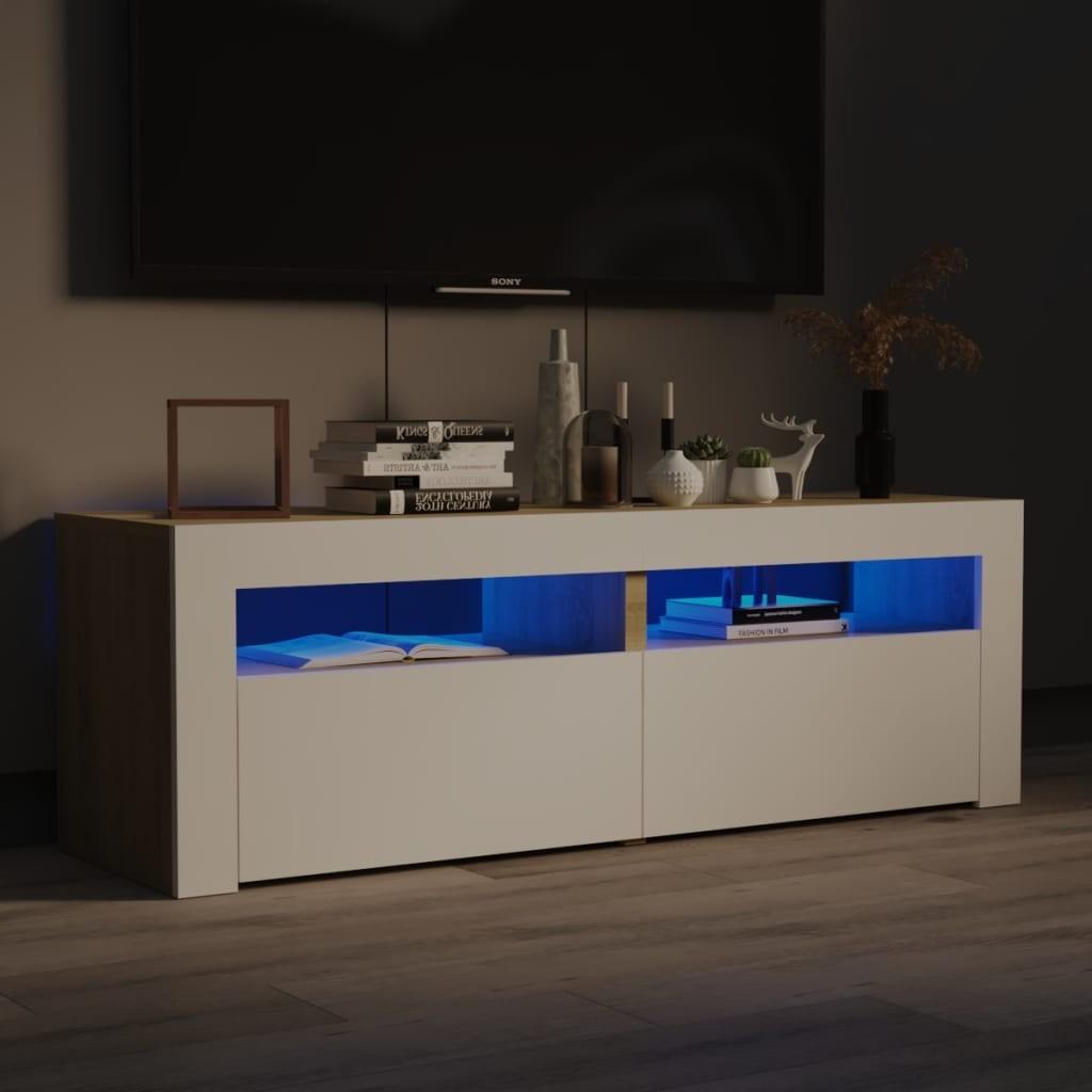 Tv-bord med LED-lys 120x35x40 cm hvid og sonoma-eg