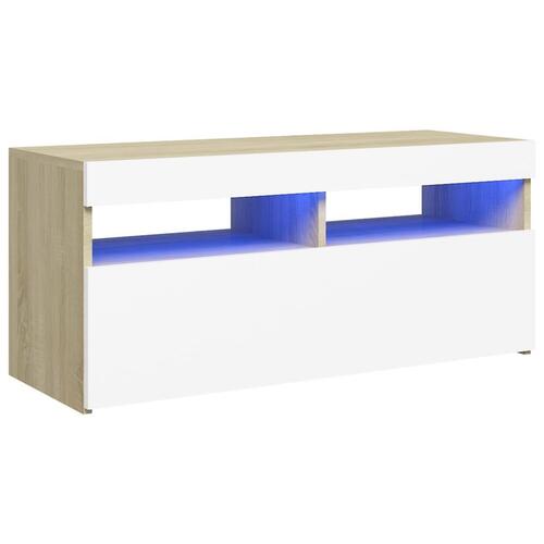 Tv-bord med LED-lys 90x35x40 cm hvid og sonoma-eg