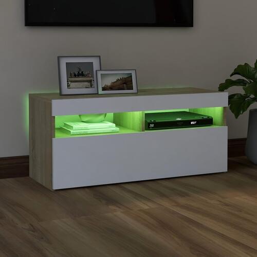 Tv-bord med LED-lys 90x35x40 cm hvid og sonoma-eg