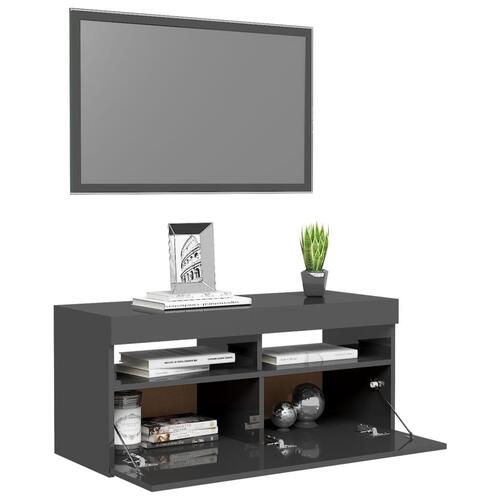 Tv-skab med LED-lys 90x35x40 cm grå højglans