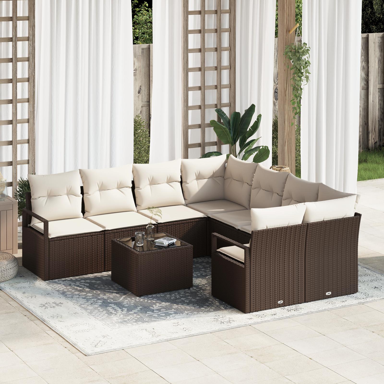 Havesofa Sæt 9 stk Brun og Creme 55 x 55 x 37 cm polyrattan
