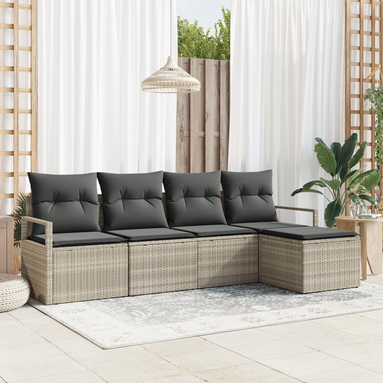 Udendørs sofa sæt i lysegrå polyrattan - 5 dele med puder, modulært