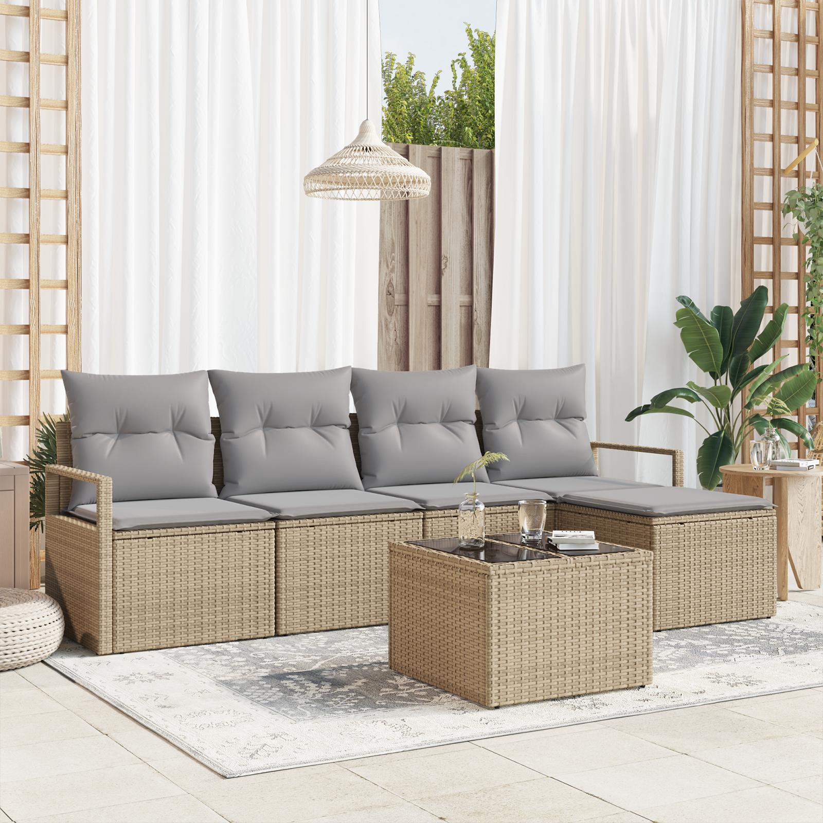 Udendørs sofasæt i beige polyrattan - 6 dele, modulært med puder