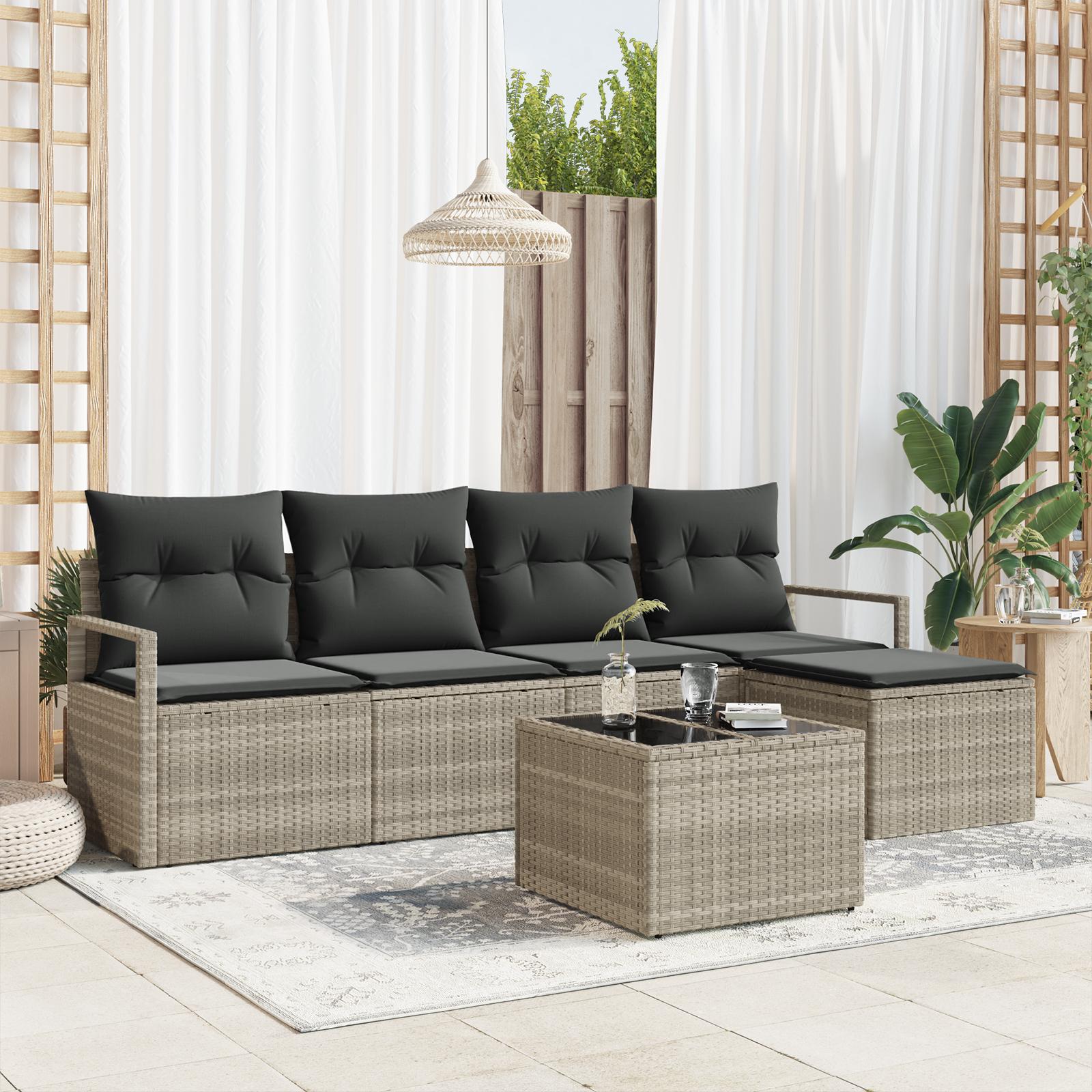 Sofasæt med puder - 6 dele i lysegrå polyrattan, modulært loungesæt