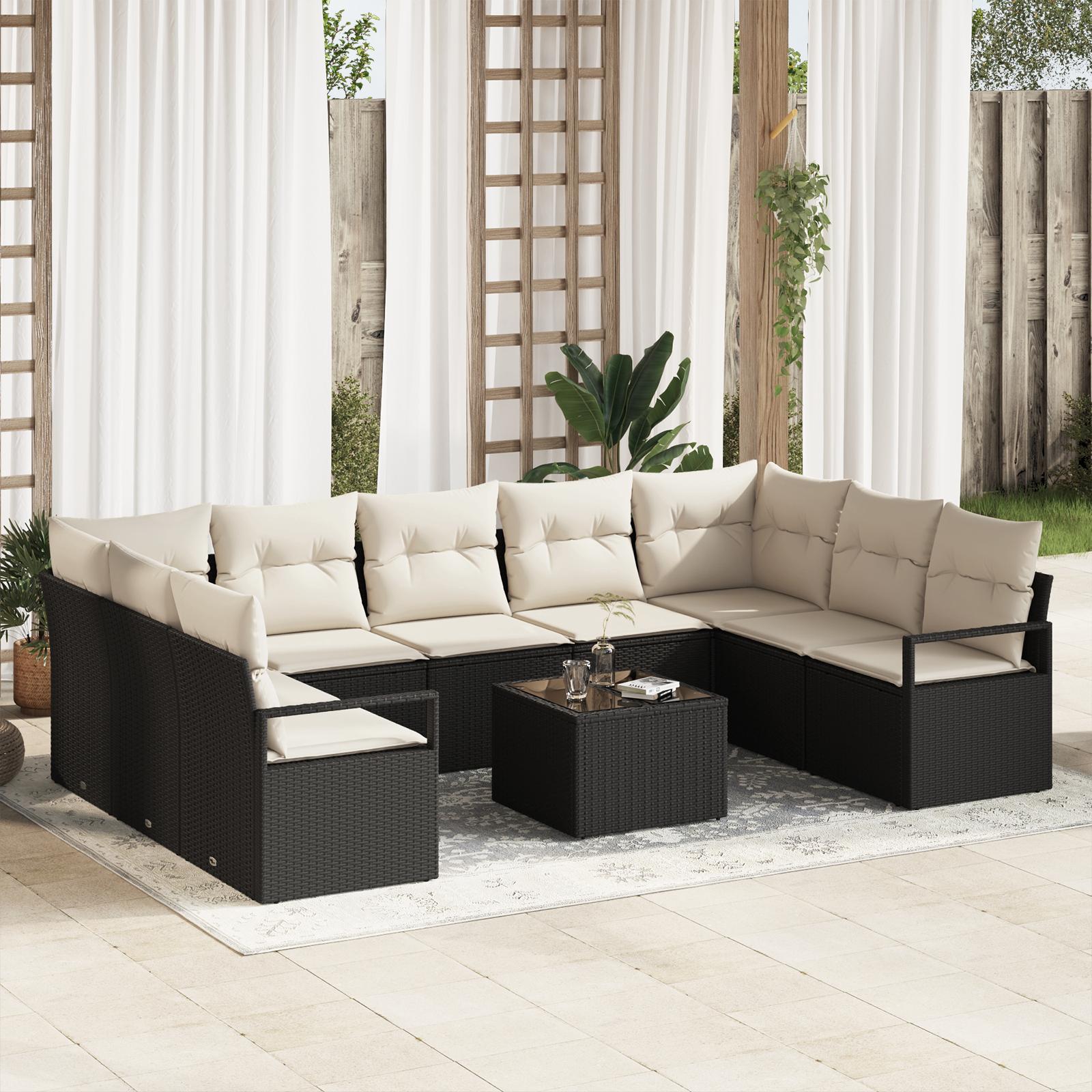 Modulært loungesæt i sort polyrattan - 10 dele med puder og justerbart bord