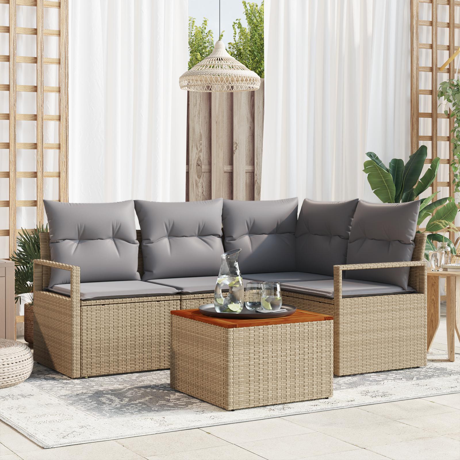 Havesofa Sæt med pude 5 stk Beige Poly rattan