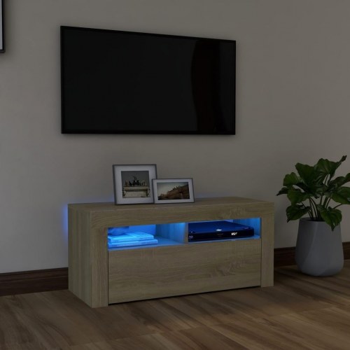 Tv-bord med LED-lys - 90 × 35 × 40 cm, sonoma-eg