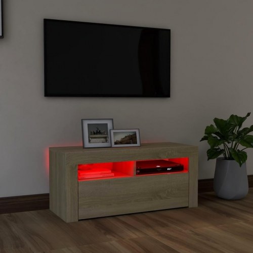 Tv-bord med LED-lys - 90 × 35 × 40 cm, sonoma-eg