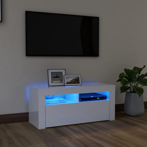 Tv-skab med LED-lys - 90×35×40 cm, hvid højglans