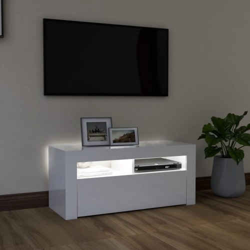 Tv-skab med LED-lys - 90×35×40 cm, hvid højglans