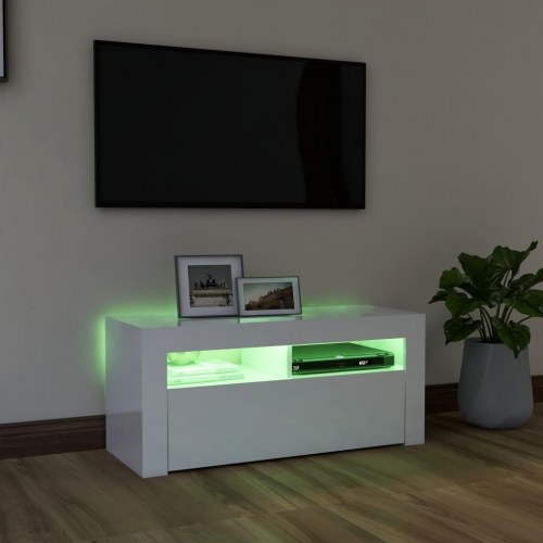 Tv-skab med LED-lys - 90×35×40 cm, hvid højglans