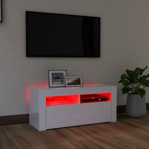 Tv-skab med LED-lys - 90×35×40 cm, hvid højglans