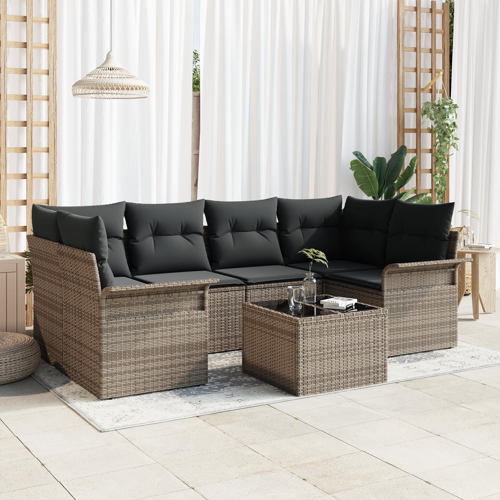 Havesofa Sæt med pude 7 stk Grå Polyrattan og stål og glas