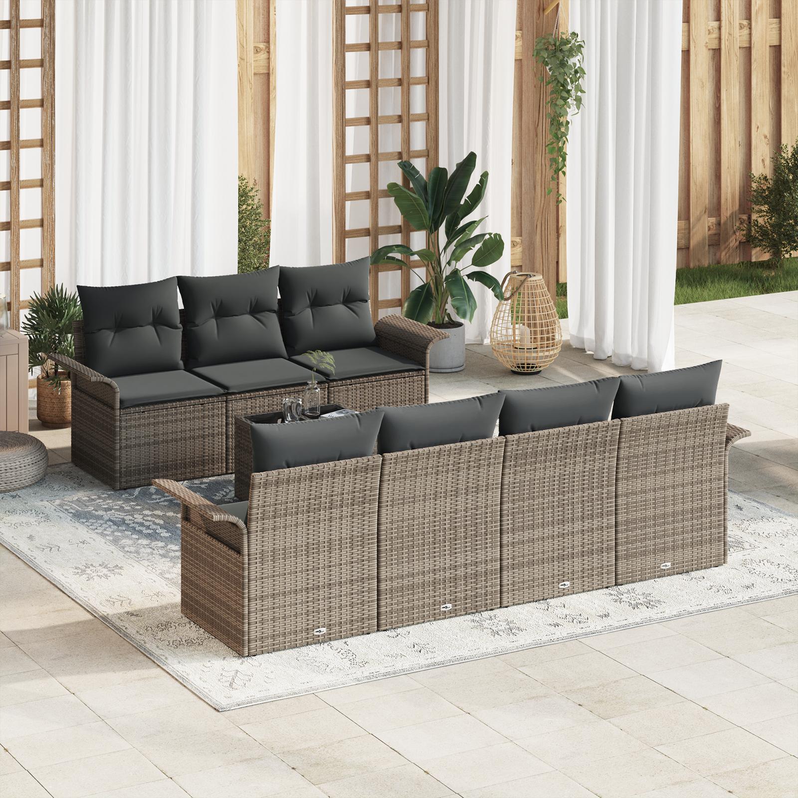 Havesofa Sæt med pude 8 stk Grå Polyrattan og stål og glas