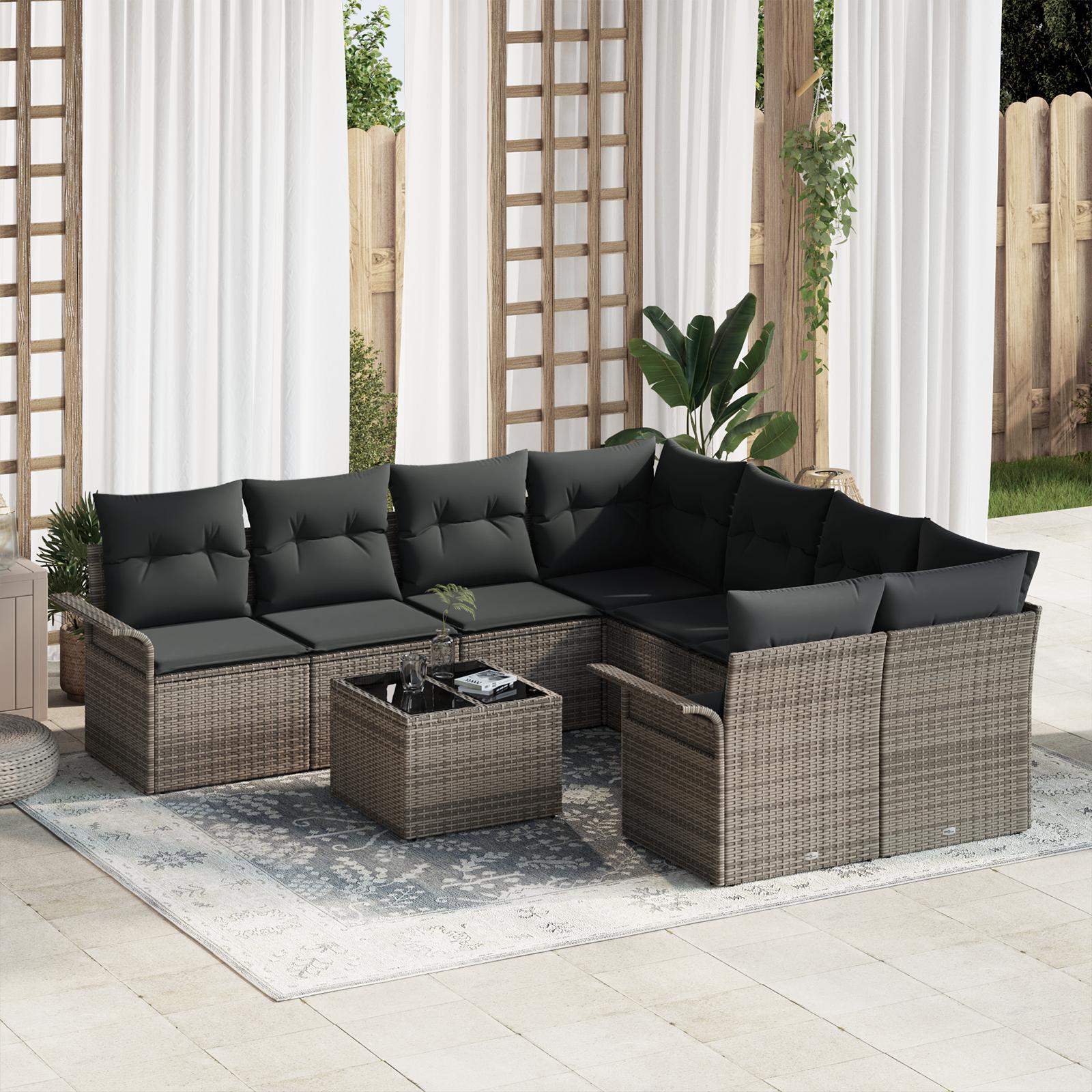 Havesofa Sæt med pude 9 stk Grå Polyrattan og stål og glas