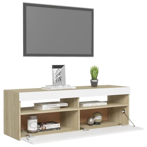 Tv-bord med LED-lys 120x35x40 cm hvid og sonoma-eg