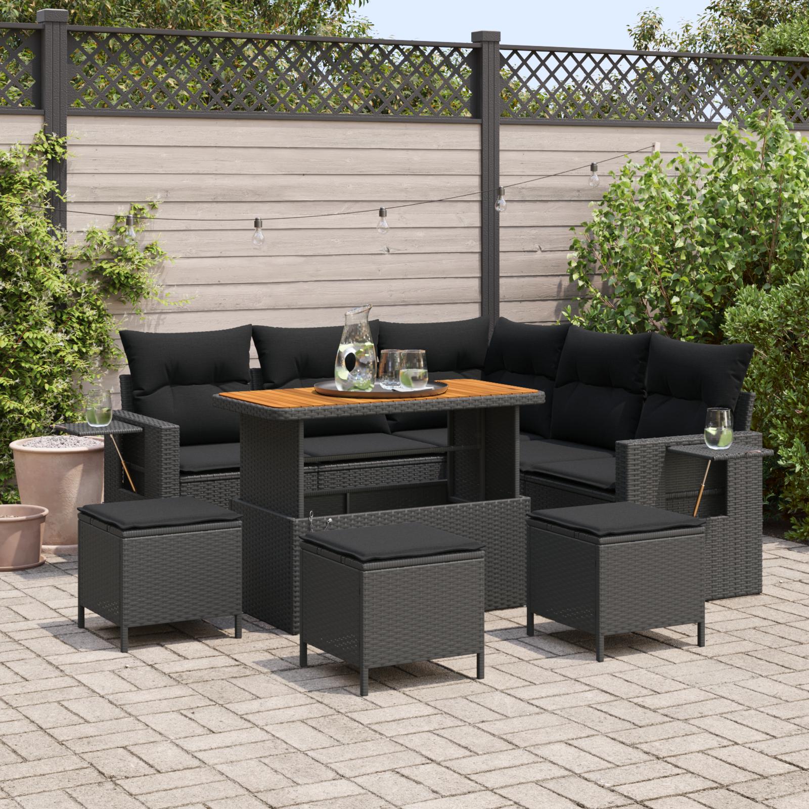 Havesofa sæt 9 stk med puder i sort polyrattan