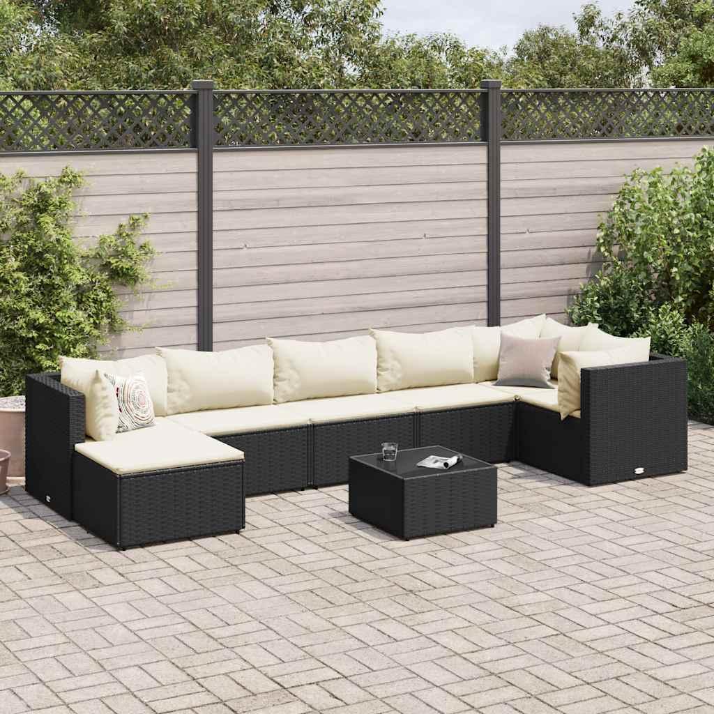 Loungesæt til haven i polyrattan - 8 dele med hynder, sort