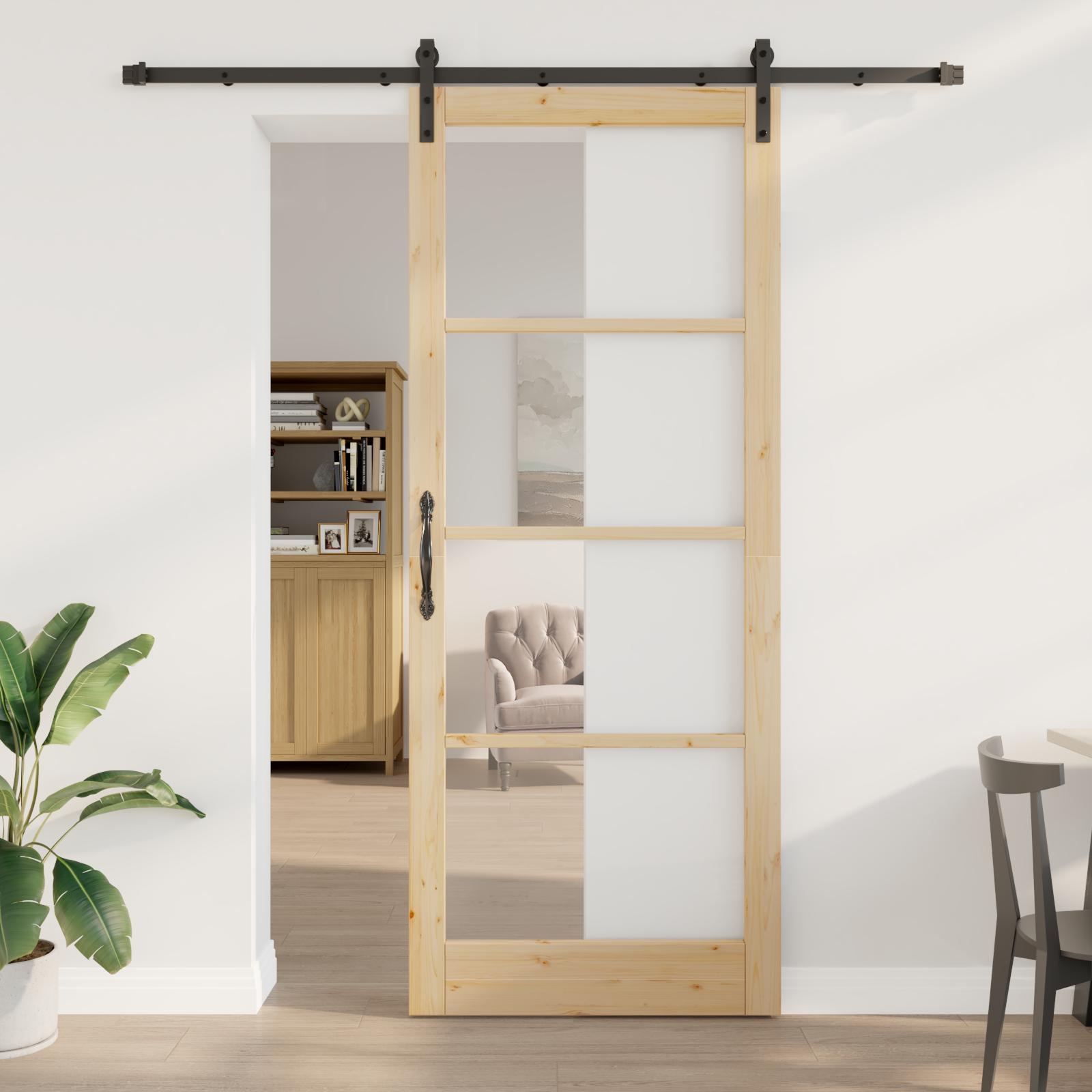 Skydedør i fyrretræ og glas - brun, 93 × 232 cm (ORKDAL)
