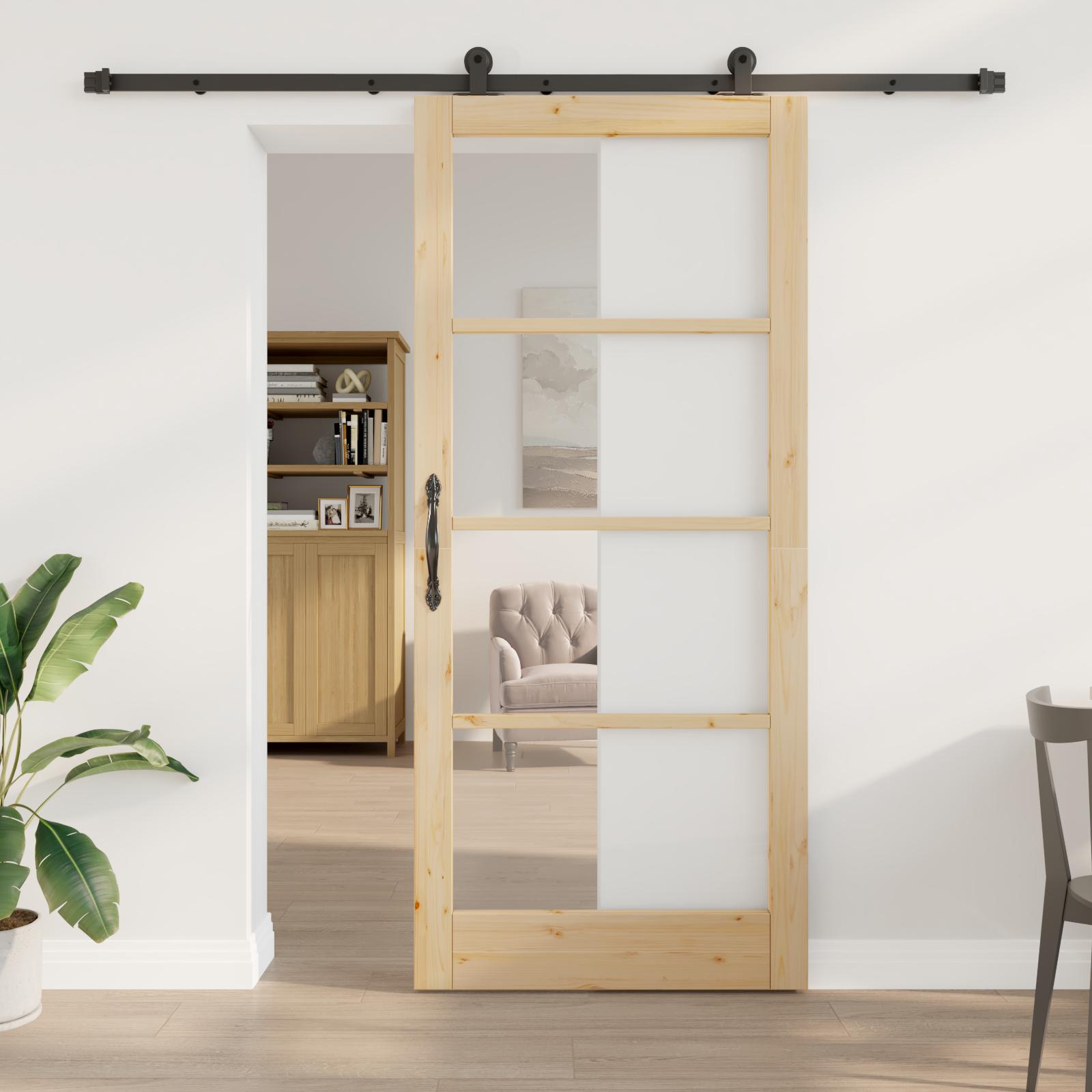 Skydedør ORKDAL i fyrretræ og glas - natur, 93 x 211 cm