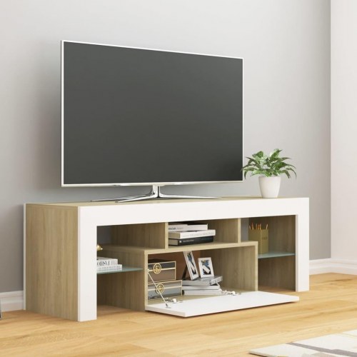 Tv-bord med LED-lys 120x35x40 cm hvid og sonoma-eg